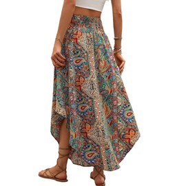 GORGLITTER Women's Maxi Skirt Paisley Pattern Long Skirt Asymmetrical Summer Skirt Bohemian Holiday Skirt Lightweight Maxi Skirts Summer Beach Skirt, khaki