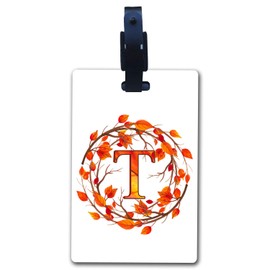 BRGiftShop Luggage Tag Bright Orange Autumn Fall Leaf Wreath Monogram Alphabet T