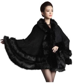 Cashmere Pashmina Group Poncho-Fur-Coat-Cape-Faux Fur-Ruana-blanket-Caplet-Wrap-Shrug-Sweater-dress shawl (Ebony Wool blend cape with faux fur trim)