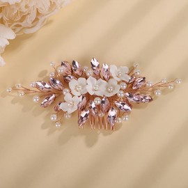 Rumtock Pink Hair Comb with White Petal Flower Vintage Pearl Hair Accessories for Wedding Brides Bridesmaid Side Headpiece (Pink)