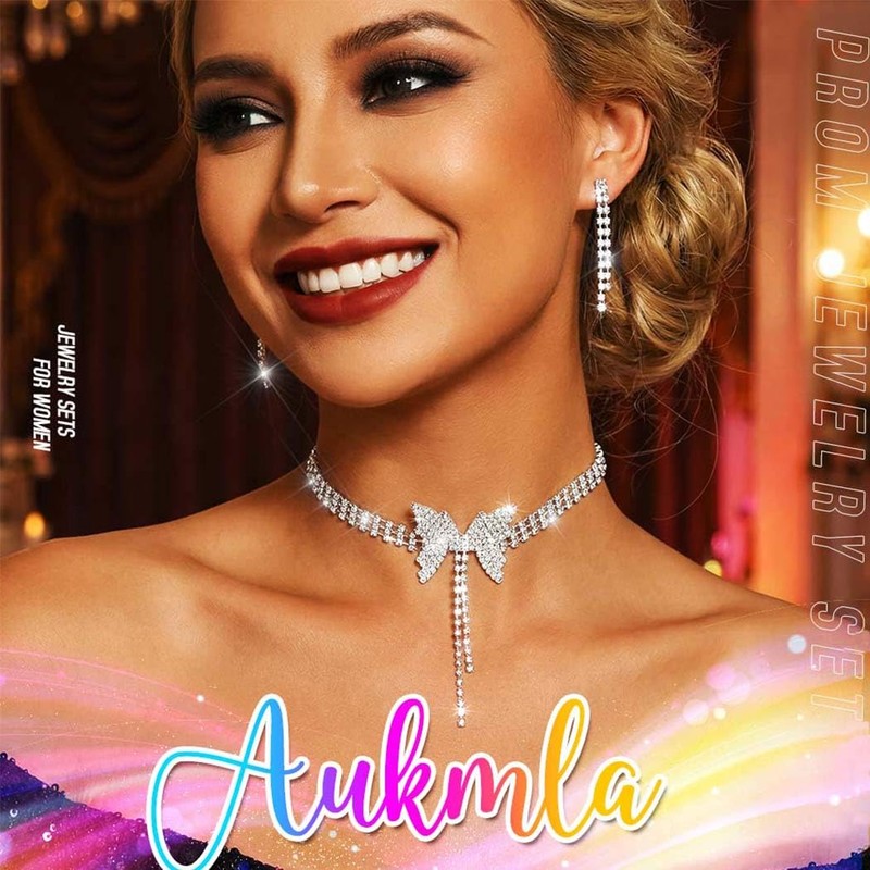 Aukmla Silver Rhinetsone Wedding Jewelry Sets Butterfly Choker Necklace Set