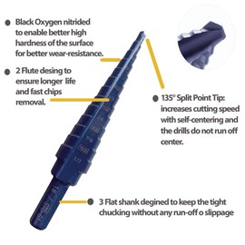 HSS M2 Step Drill Bit #1 with 13 Steps of 1/8 in-1/2 in,3 Flat Shank Black Oxided
