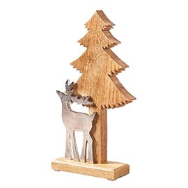 Fir Tree with Deer, Christmas Decoration, Choice of Sizes, Decorative Stand Made of Wood and Metal, Silver