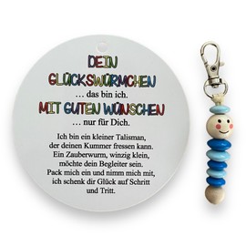 Glückswürmchen, Sorgenwürmchen handmade, Ranzenbaumler, Sorgenwurm, Worry worm, Mutmacher, Glücksbringer, Holz, Farbwahl (Blau-Hellblau)
