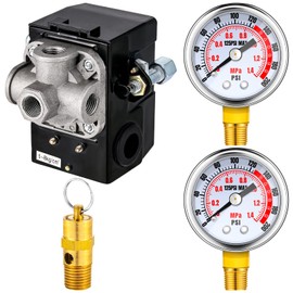 Peryiter 4 Pcs Air Compressor Pressure Switch Control Valve 90-125psi Set, 1/4" Male NPT and 0-200 PSI Pressure Gauge Compressor Gauge for Air Compaction Device Accessory