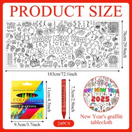 Zkaoai Paper Tablecloth for Colouring, New Year's Eve Tablecloth 2025, Happy New Year Colouring Tablecloth, Colouring Tablecloth Children 183 x 76 cm and 12 Colouring Pencils, New Year's Eve Crafts