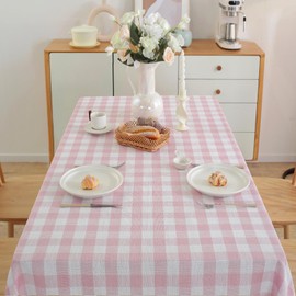 Alsoo Checkered Tablecloth Rectangle Cotton Linen Fabric Gingham Table Cloth Buffalo Plaid Table Cover with Tassel Wrinkle Free Washable for Kitchen Dining Picnic, Pink and White, 55X106''