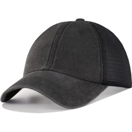 CYGTE Vintage Washed Soft Mesh-Back Trucker Hat Snapback Unstructured Adjustable Blank Baseball Cap Plain Dad Ball Cap Black/Elastic Strap