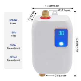 Tankless Water Heater, Electric Hot Water Heater on Demand-Digital Display, Portable Instant Water Heaters for Home, Kitchen, Bathroom 110V/3000W (White)