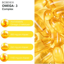 Biobene Omega 3 Complex - High Dose Omega 3 Capsules - Good for Normal Blood Fat Values, Heart and Vessels - 60 Capsules