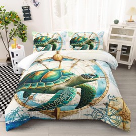 Ntlfup Ocean Bedding Set Turtle Comforter Set, Navigation Theme Quilt Soft for Teen Boys, Twin Size Comforter with 2 Pillowcases