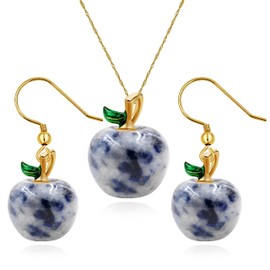 Uloveido - Juego de joyas con forma de manzana y piedra natural semipreciosa para mujer, bonitos aretes de manzana y collares de manzana, Acero inoxidable, Piedra