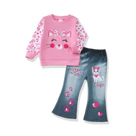 Renotemy Toddler Girl Clothes Little Girls Fall Winter Outfits 2-3 Year Old Long Sleeve Pink Cat Sweatshirt Bell Bottom Pants Flare Faux Jeans Clothing Set 2T 3T Girl Clothes Gifts for Kids