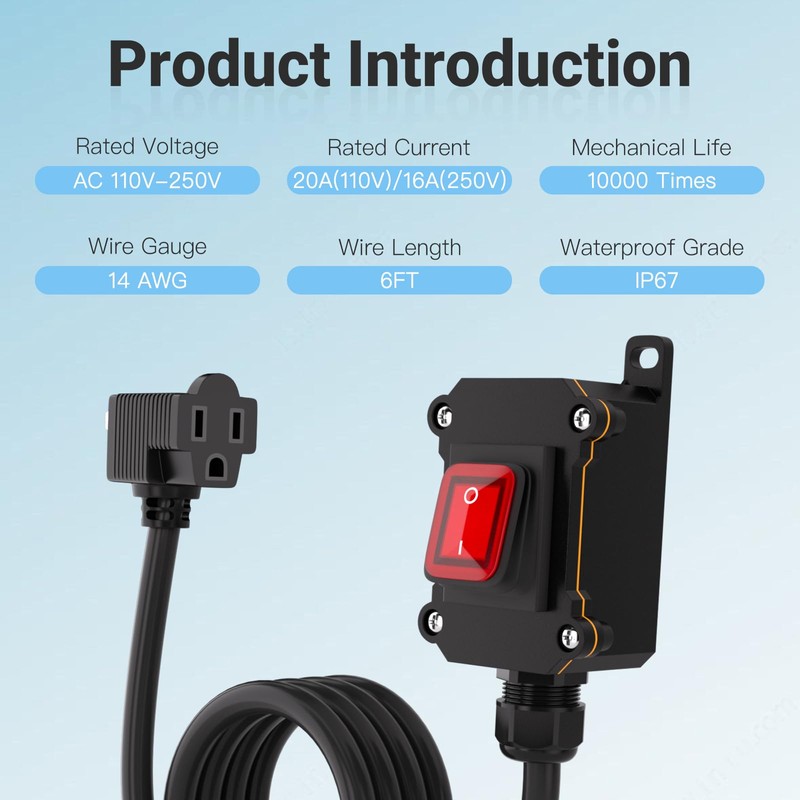 Inline Power Switch with 6-ft 14AWG Cable Piggyback Plug(3-Pronged),Red LED