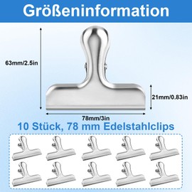Pack of 10 Sealing Clips Made of Stainless Steel, Large 78 mm Metal Clips, Metal Clips Sealing Clips, Metal Hinge Clips for Bags, Food Packaging, Photo (Silver)