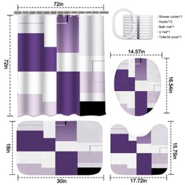 KINUUIS 4 Pcs Purple Geometric Bathroom Shower Curtain Sets with with Toilet Lid Cover and Non-Slip Rugs, Purple Modern Abstract Bathroom Decor Sets with Shower Curtain and Rugs for Bathroom