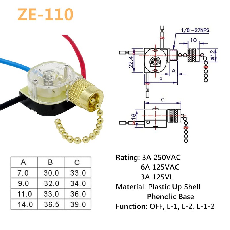 Ceiling Fan Pull Switch Zing Ear ZE-110 3 Wire 3