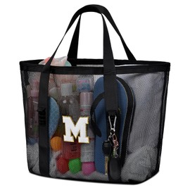 Nidoul Mesh Beach Bag Large Initial Tote Bags Reusable Grocery Bags Foldable for Women Travel Pool Swim Toy Travel Essentials M