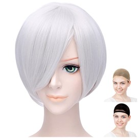 CaseEden Cosplay Wig, Silver Color, Bright Silver, Smooth Short Bob, Short Bob, White Merche Wig Net Set of 2