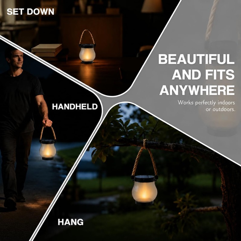kaliqo Solar Lantern Outdoor Lights, Realistic Dancing Flame Effect, Solar