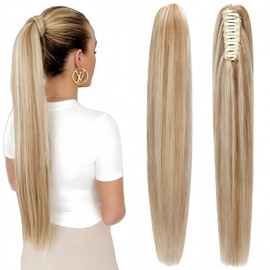 UAAUAA Claw Clip Ponytail Extension Real Human Hair Long Straight Hairpiece for Women (Balayage Caramel Blonde to Bleach Blonde, 20 inch)