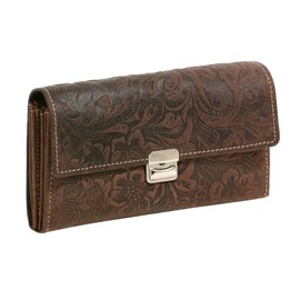 Waiter wallet purse ''Lily pattern'' Vintage-Style cabdriver cabby purse LEAS, Genuine leather, brown - ''LEAS Vintage-Collection''