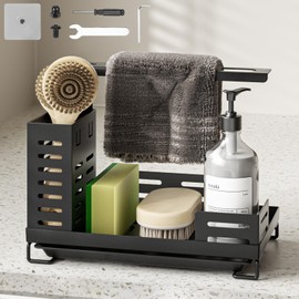 TranRantic Spülbecken Organizer, Küchen Spüle Sink Organizer mit Abflusspfanne, Klebstoff Spülbecken Caddy Organizer Dual-Use, Schwammhalter Spülbecken für Bürsten Handtücher (Schwarz)