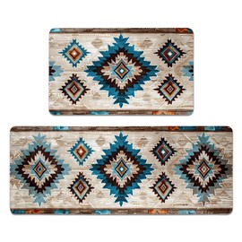 Navajo Kitchen Rugs Set of 2, Geometric Farmhouse Style Kitchen Mats with Rubber Backing Non Skid Washable, Southwestern Kitchen Decorations (17" x 29 + 17" x 47")