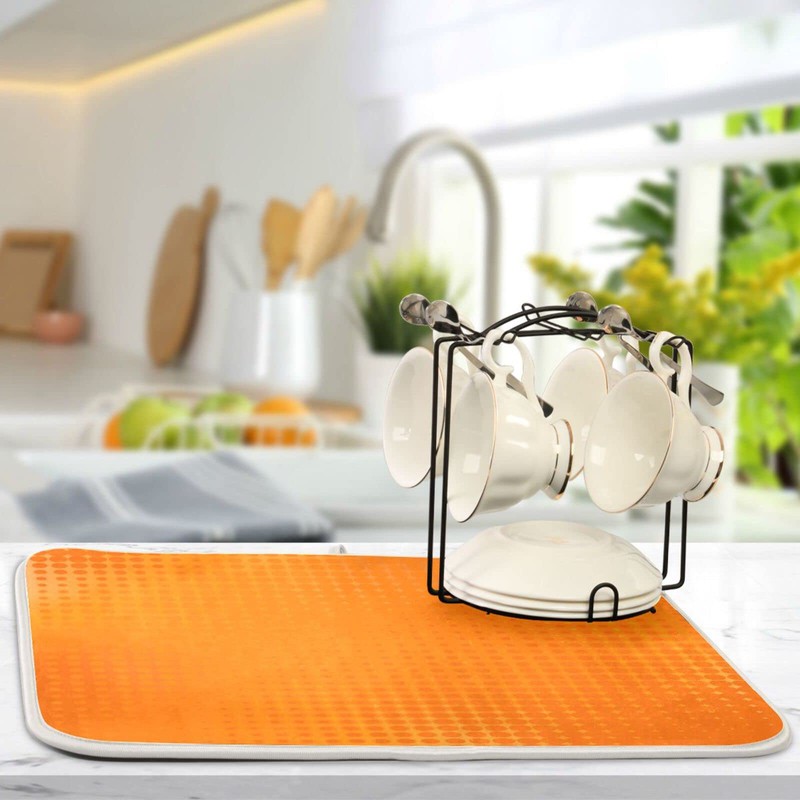 Kigai Orange Dotted Line Dish Drying Mat, Microfiber Absorbent Drying