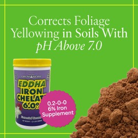 Grow More 0.2-0-0 EDDHA Iron Chelate for Greener Plants on Soils with pH of 7 or Above - 1lb of Water Soluble Chelated 6% Iron for Plants
