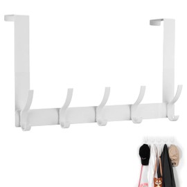 Over Door Hanger with 5 Hooks, Heavy Duty Door Hooks for Coat, Towel, Keys and Bag,Storage Space Saving for Bathroom, Bedroom, Wardrobe, Length:32 cm (12.6") (White)