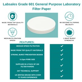 Labsales Grade 601 General Purpose Laboratory Filter Paper, Filtration Lab Supplies, Pack of 100, 90mm Diameter