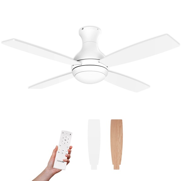 Consciot Ceiling Fan With Lights, 52 Inch Low Profile Ceiling Fan, Remote Control, Quiet Reversible DC Motor, Dimmable Tri-color Temperatures LED, 4 Double Finish Blades, Flush Mount, Indoor Only