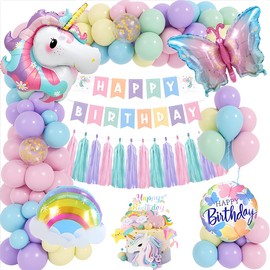 TOLOYE Birthday Decoration for Girls, Unicorn Butterfly Theme Party Decorations, Birthday Decorations with Happy Birthday Banner, Unicorn Butterfly Foil Balloons, Girls Birthday Party Supplies
