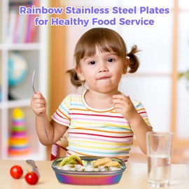4 PCS Stainless Steel Kids Plates, Reusable Bariatric Plate for Kids Adults, Rainbow Coated Stainless Steel Plates Trays with Lids, Appealing Food Plates with Dividers for School Office Restaurant