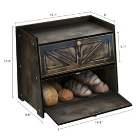Trironsun Vintage Double Layer Bread Box for Kitchen Counter Bamboo Bread Storage Container Large Capacity Bread Storage Bin (Antique Black)
