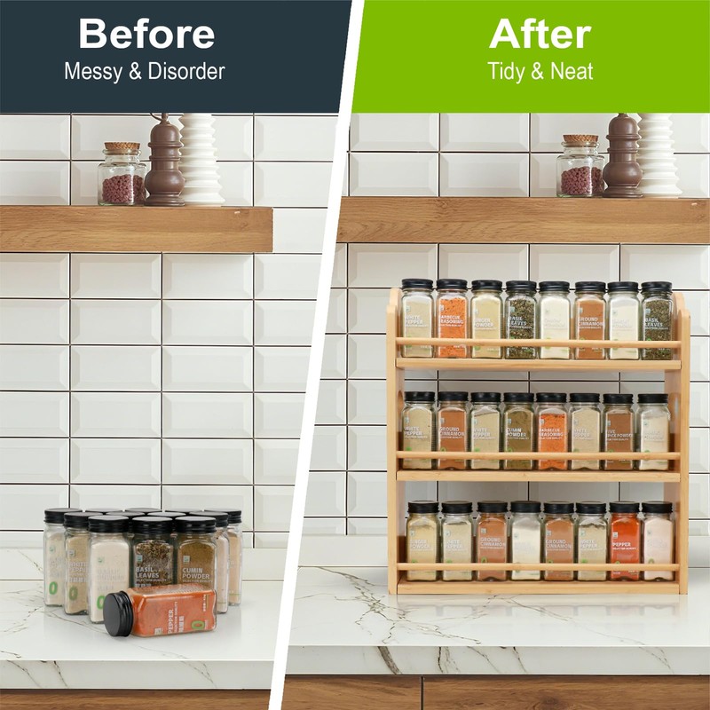 3 Tier Bamboo Spice Rack, Spice Rack Organizer, Seasoning Jars