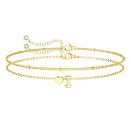 TRUMIGA Pulsera con Iniciales y Corazón para Mujer, Pulseras con Abalorio Rellenas de Chapada en Oro de 14 Quilates, Zirconia Cúbica Brillante, Inicial Letras de la A a la Z, Delicada Brazalete Ajustable, Accesorios de Joyería de Moda, Regalo Joyería Ani