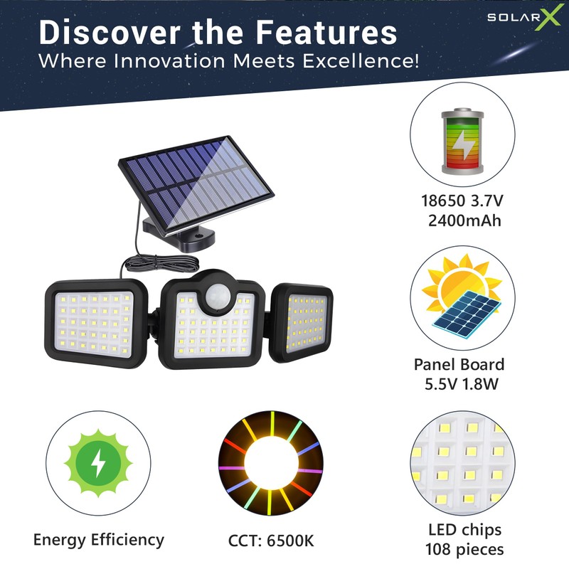 SolarX 108LED Solar Motion Sensor Light Outdoor- IP65 Waterproof Solar
