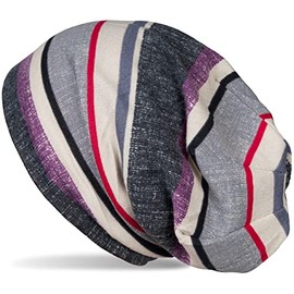 styleBREAKER 04024194 Unisex Fine Knit Beanie Hat with Colourful Striped Pattern, Lightweight Long Beanie, Multicoloured Striped, Purple/grey/beige
