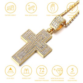 Gold chain with cross men's iced out, 18 carat real gold plated/platinum plated white gold cross pendant necklace, full cubic zirconia laboratory diamonds prong set, with rope chain 60 cm, tennis