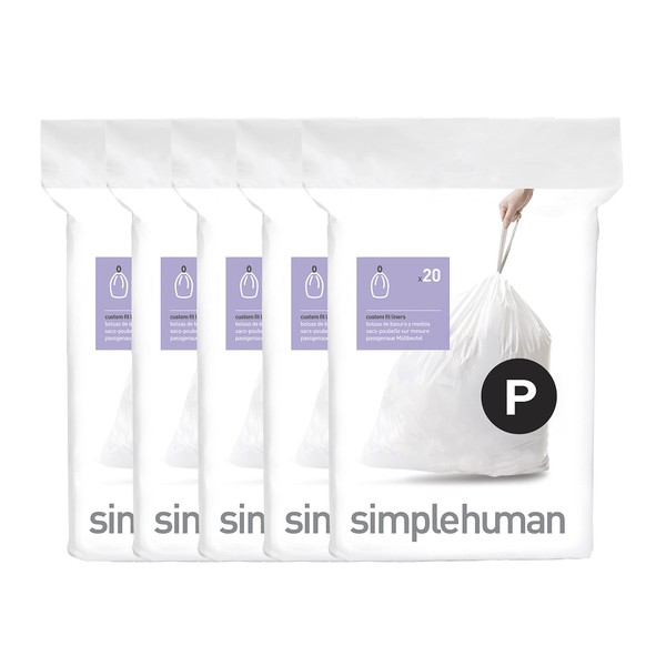 simplehuman Code P Custom Fit Drawstring Trash Bags, 50-60 Liter / 13-16 Gallon, White, 100 Count (Pack of 1)