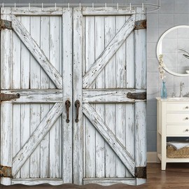 Wooden Barn Door Shower Curtain, Rustic Wooden Garage Door Shower Curtain Vintage Wood Farmhouse Shower Curtain, Country Barn Door Shower Curtain with Hooks, 72X75 Inch, White