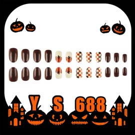 LWTZLW Fall Pumpkin French Tip Press on Nails Short Almond Thanksgiving Fake Nails with Autumn Lattice Design Glue on Nail Glossy Yellow Brown False Nails Reusable Acrylic Stick on Nail for Women