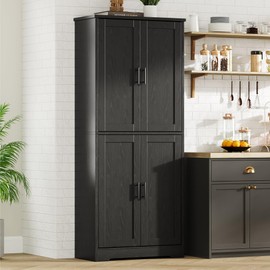 GarveeHome 70 Inch Tall Kitchen Pantry Cabinet, Freestanding Storage Cabinet with 4 Doors and Adjustable Shelves, Utility Hutch Cupboard for Dining Room, Bathroom, Living Room (Style A, Black)
