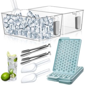 Havawish 10 Pcs Ice Bin and Round Ice Cube Trays Mold with Lid Plastic Freezer Bin Box with Pull out Handle Include Flexible Scoop Clip Set Clear Storage Bucket for Container Chilling Drinks Coffee