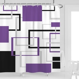 Kikiry Purple Black Shower Curtain 72''W x 72''L Abstract White Grey Gray Geometric Cross Checkered Modern Geometry Minimalist Simple Men Neutral Design Polyester Waterproof 12 Pack Plastic Hooks