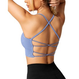 ZAAYO Women's Gym Bra Padded Crossback Fitness Sports Bra Removable Chest Pad Yoga Tops Knitted Seamless Sportswear, lightblue