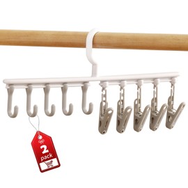 Clothes Hanger with 5 Clips and 5 Hooks Laundry Drying Rack 2 Pack, Clothes Drying Rack Leggings Hangers for Closet Windproof Clip for Drying Socks, Bras, Towel, Hats, Underwear, Baby Clothes