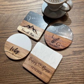 20 Pcs Natural Acacia Wooden White Marble Square Coasters Set  Stocked Coaster White Marble Wood Square Coasterscolor: White Square 20 pcs Set, size: about 10 cm